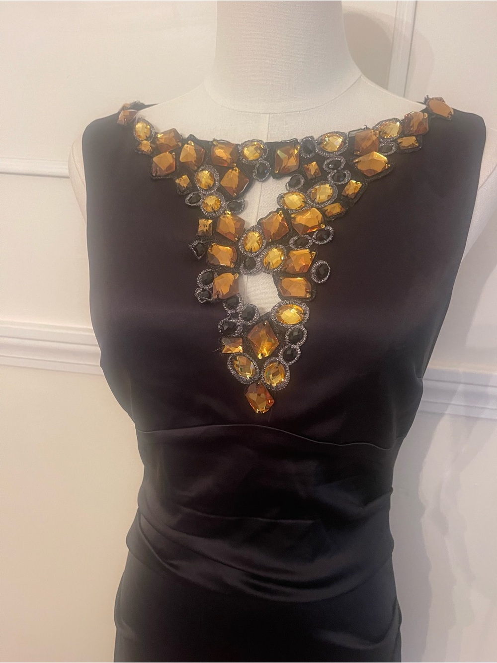 Unique Cachet Black Necklace Dress with Golden Amber Crystal Bib